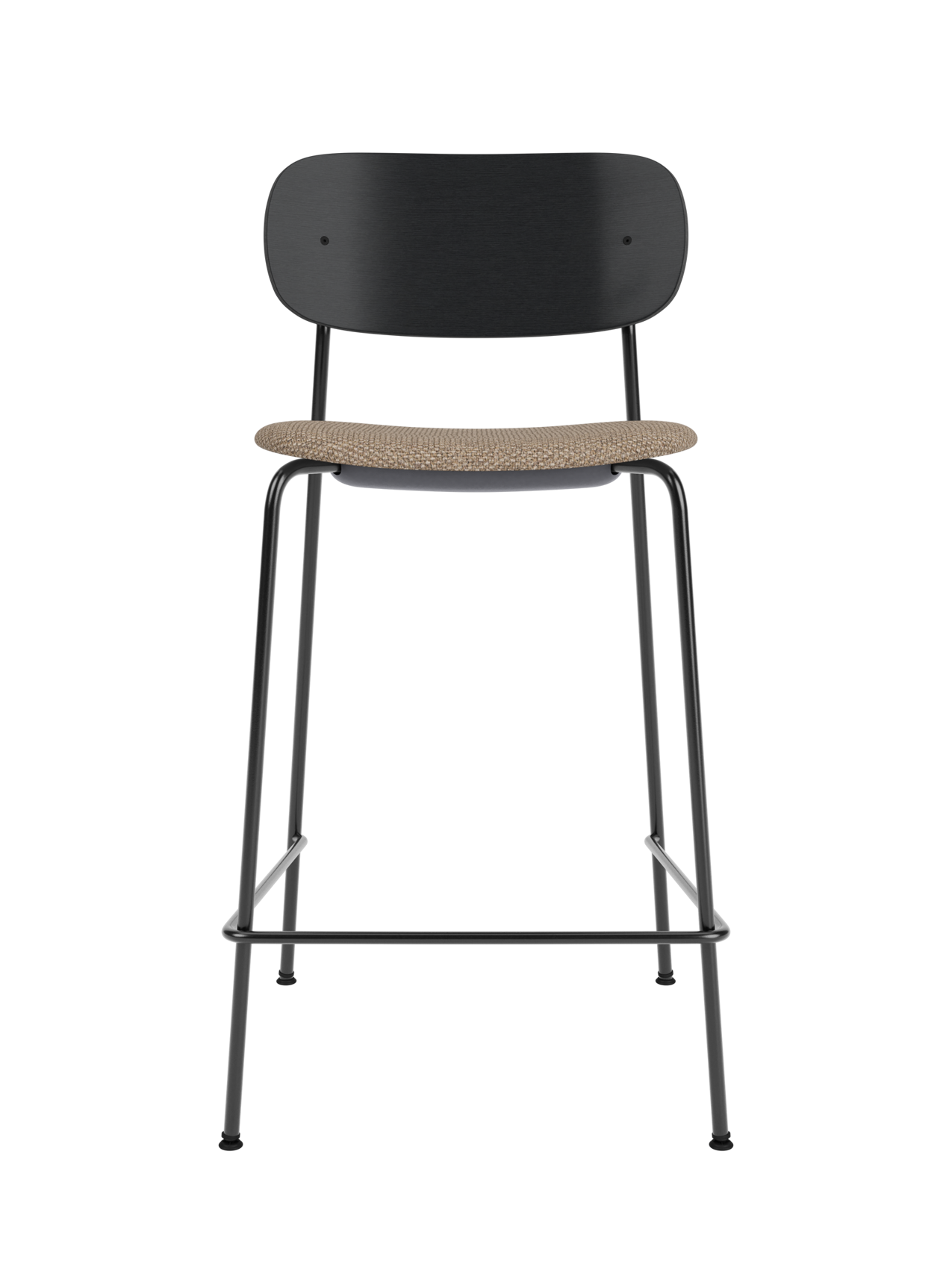 Co Counter Chair with a black painted oak back and Logan Flint upholstered seat on a slender black steel frame.