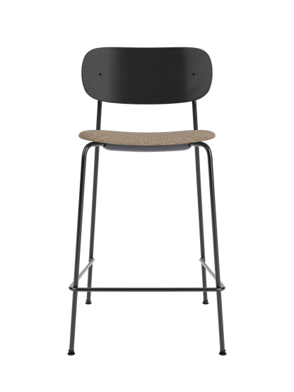 Co Counter Chair with a black painted oak back and Logan Flint upholstered seat on a slender black steel frame.