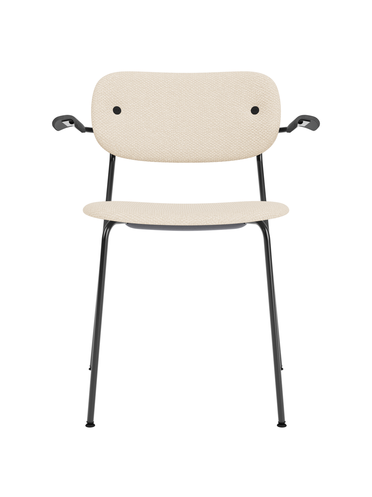 Co Dining Chair with armrests, fully upholstered in Logan Jasmine fabric with a black oak frame and steel legs.