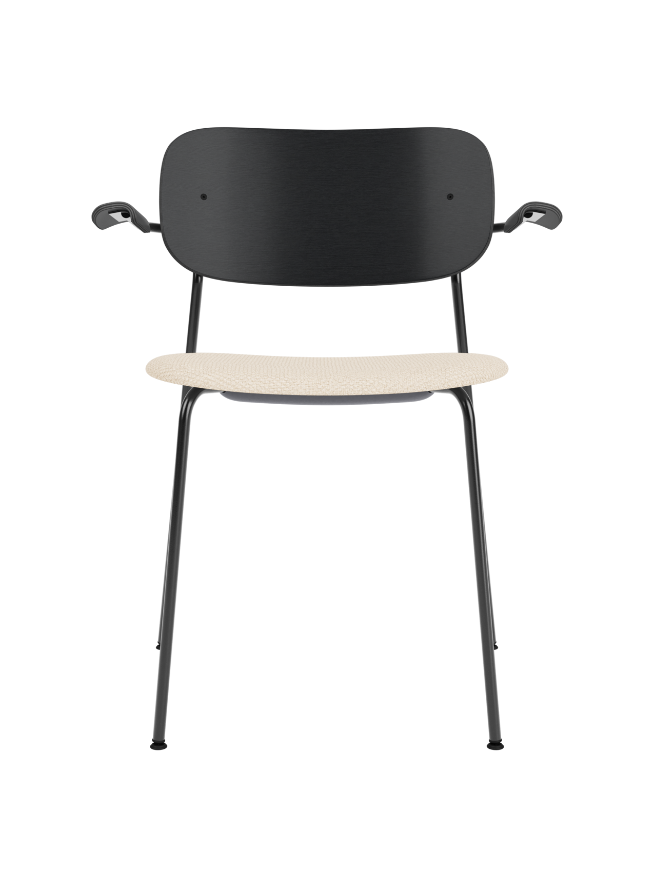 Co Dining Chair with armrests, featuring a black oak backrest and beige Logan Jasmine upholstered seat on a black frame.