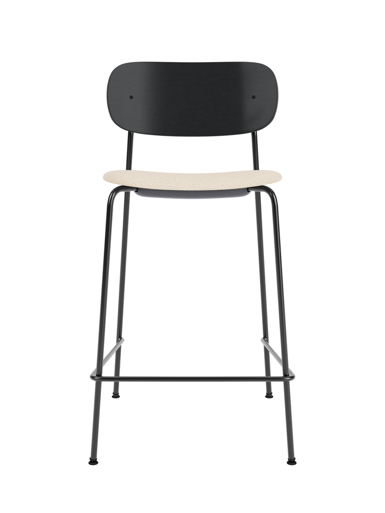Co Counter Chair with black painted oak backrest, Logan Jasmin upholstered seat and slender black tubular steel frame.