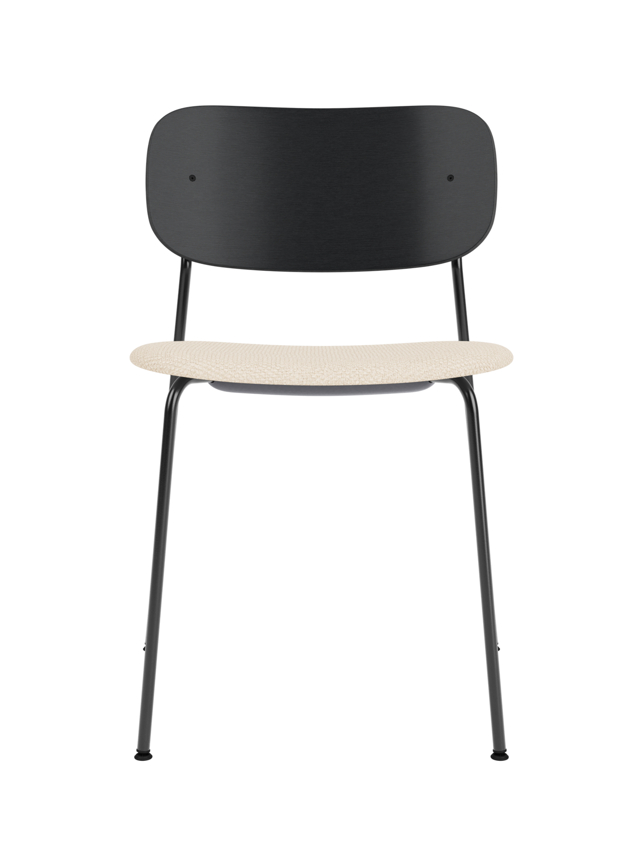 Co Dining Chair with black painted oak backrest, cream Logan Jasmine upholstered seat, and a black steel frame.