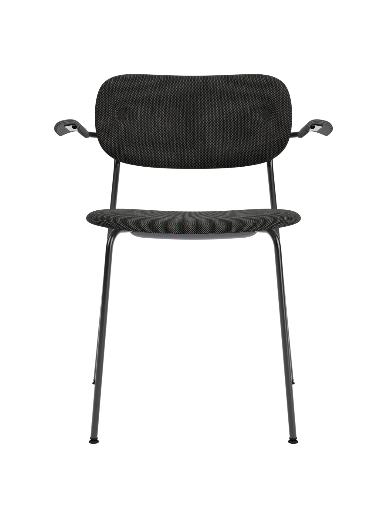 Fully upholstered Co Dining Chair with black oak armrests, black Re-wool fabric, and a powder-coated steel frame.