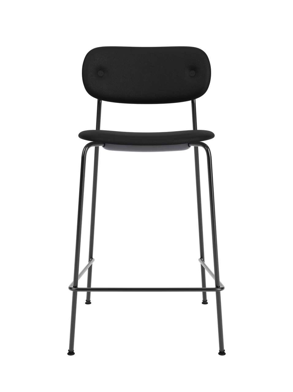 Black Co Counter Chair, Fully Upholstered with black steel frame shown from the front against a black background.