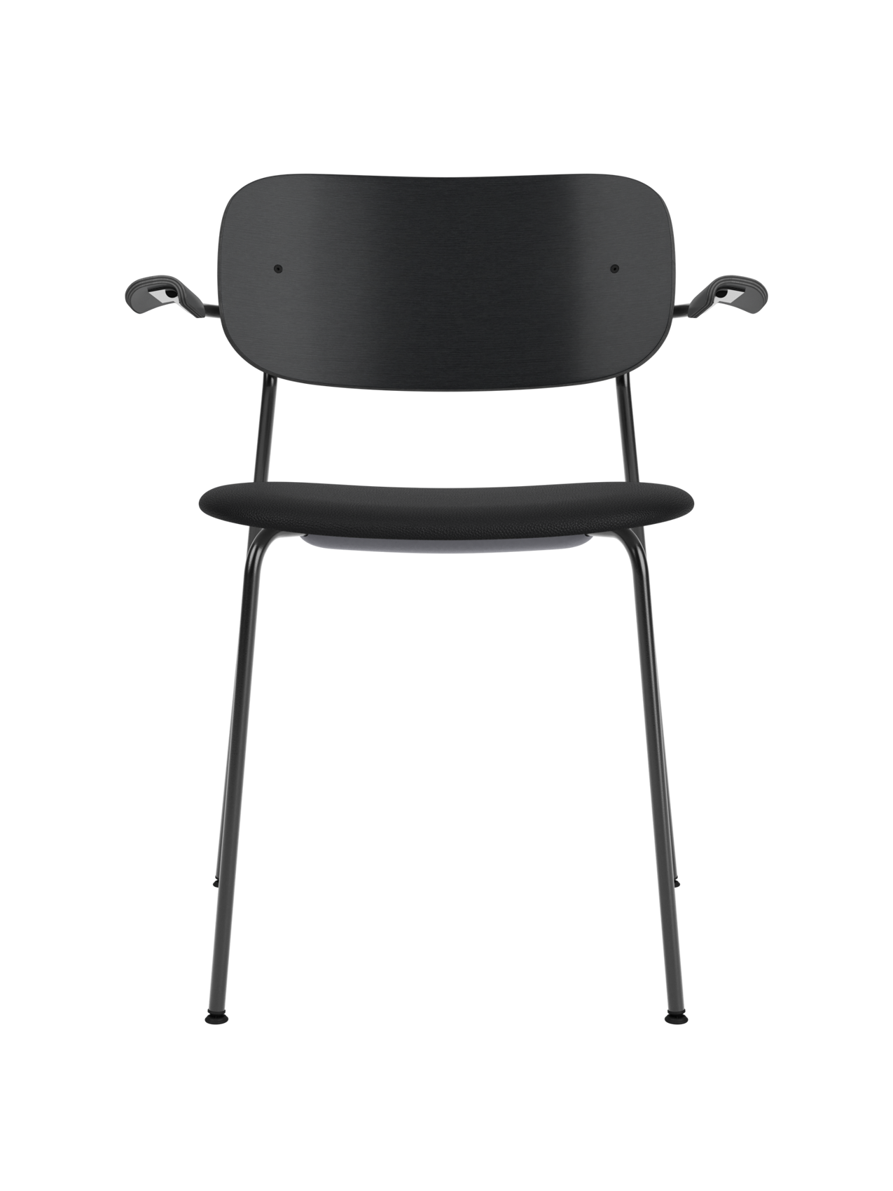 Co Dining Chair with armrests, featuring a black painted oak backrest and Sierra leather seat on a sleek steel frame.