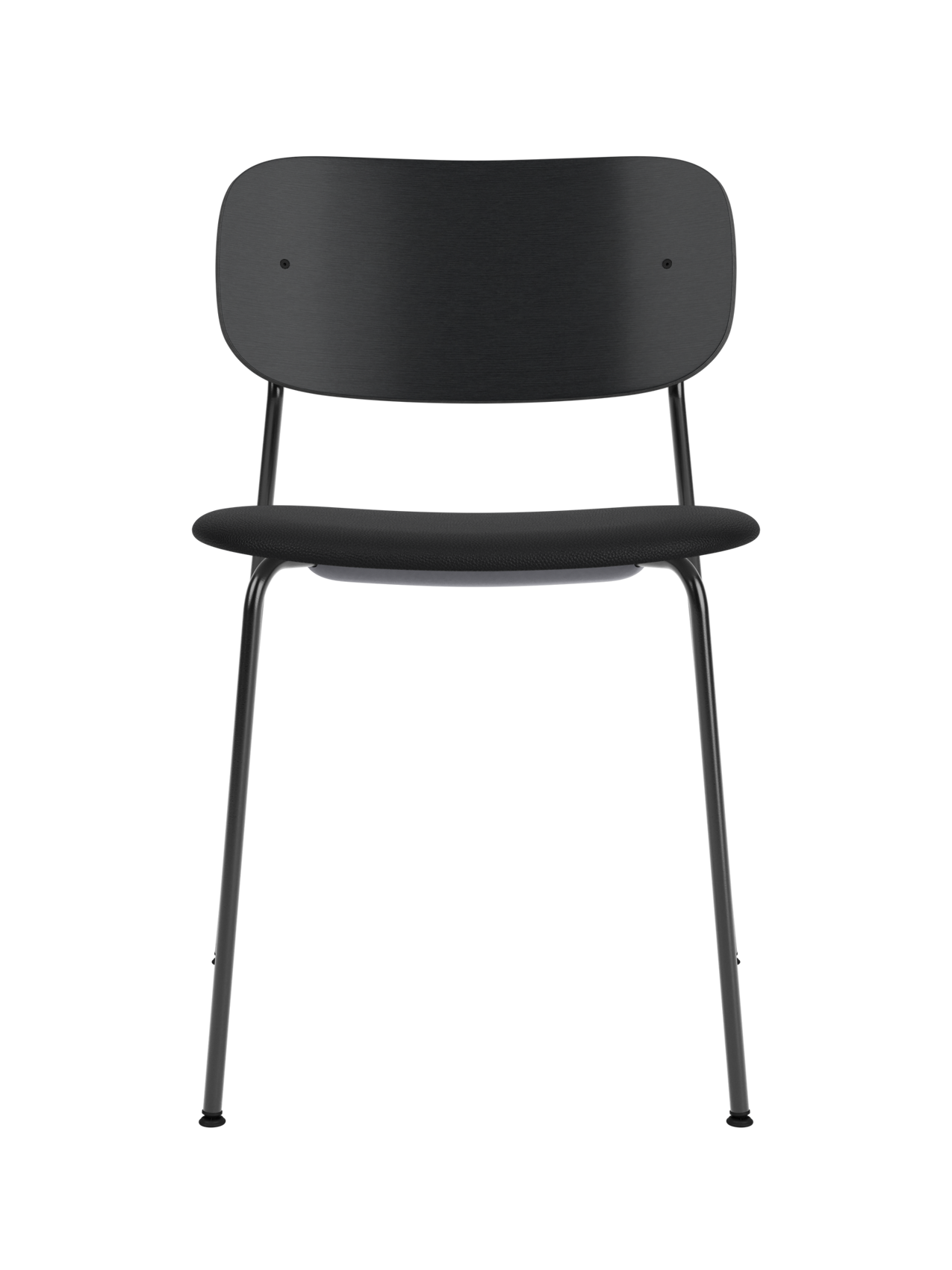 Black Co Dining Chair featuring a black painted oak backrest and upholstered seat on a slender steel frame.
