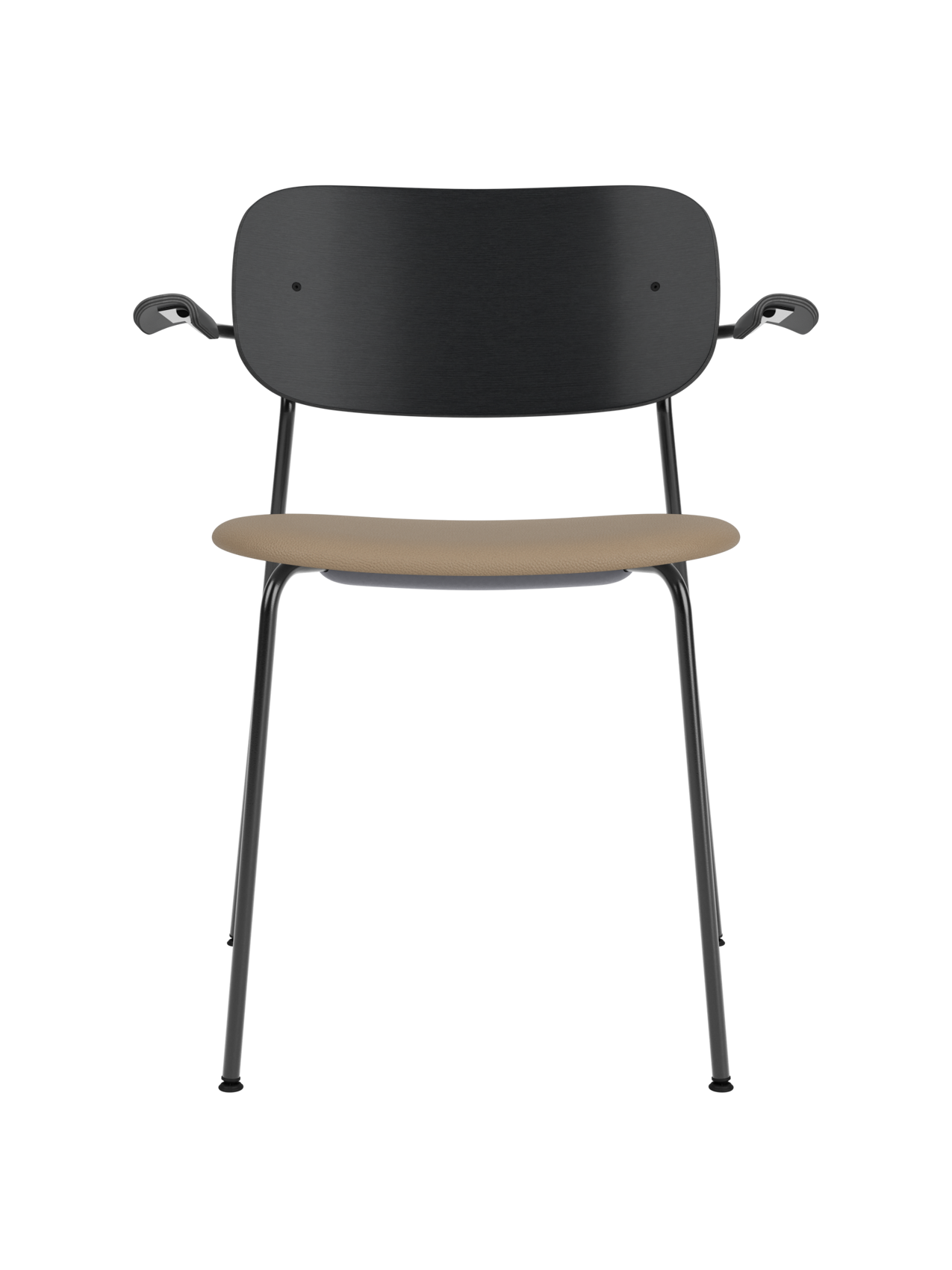 Co Dining Chair with armrests, featuring a black oak backrest and tan Sierra 1611 leather upholstered seat.