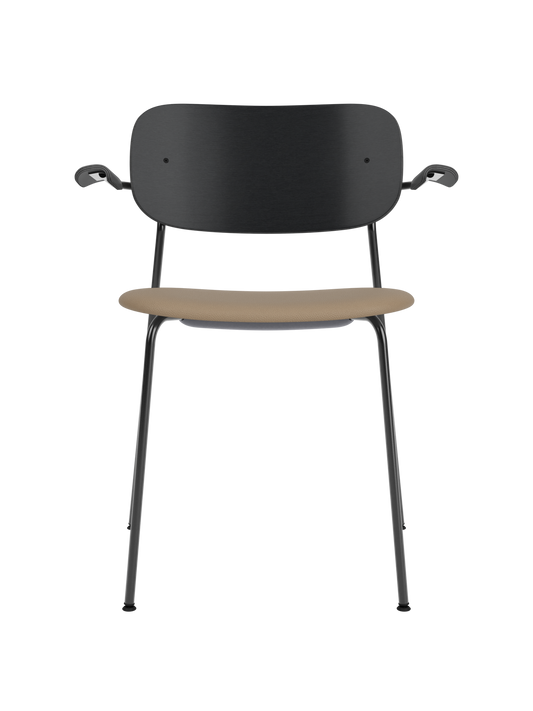 Co Dining Chair with armrests, featuring a black oak backrest and tan Sierra 1611 leather upholstered seat.
