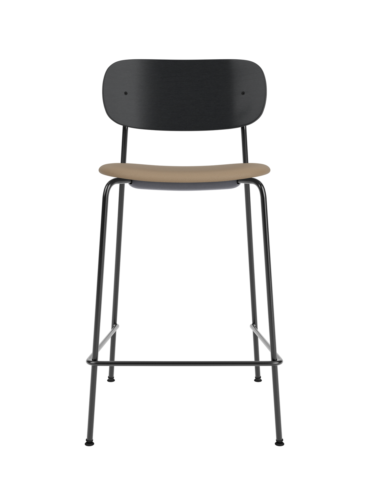 Black oak Co Counter Chair featuring a tan Sierra upholstered seat and slender black steel frame with a footrest.