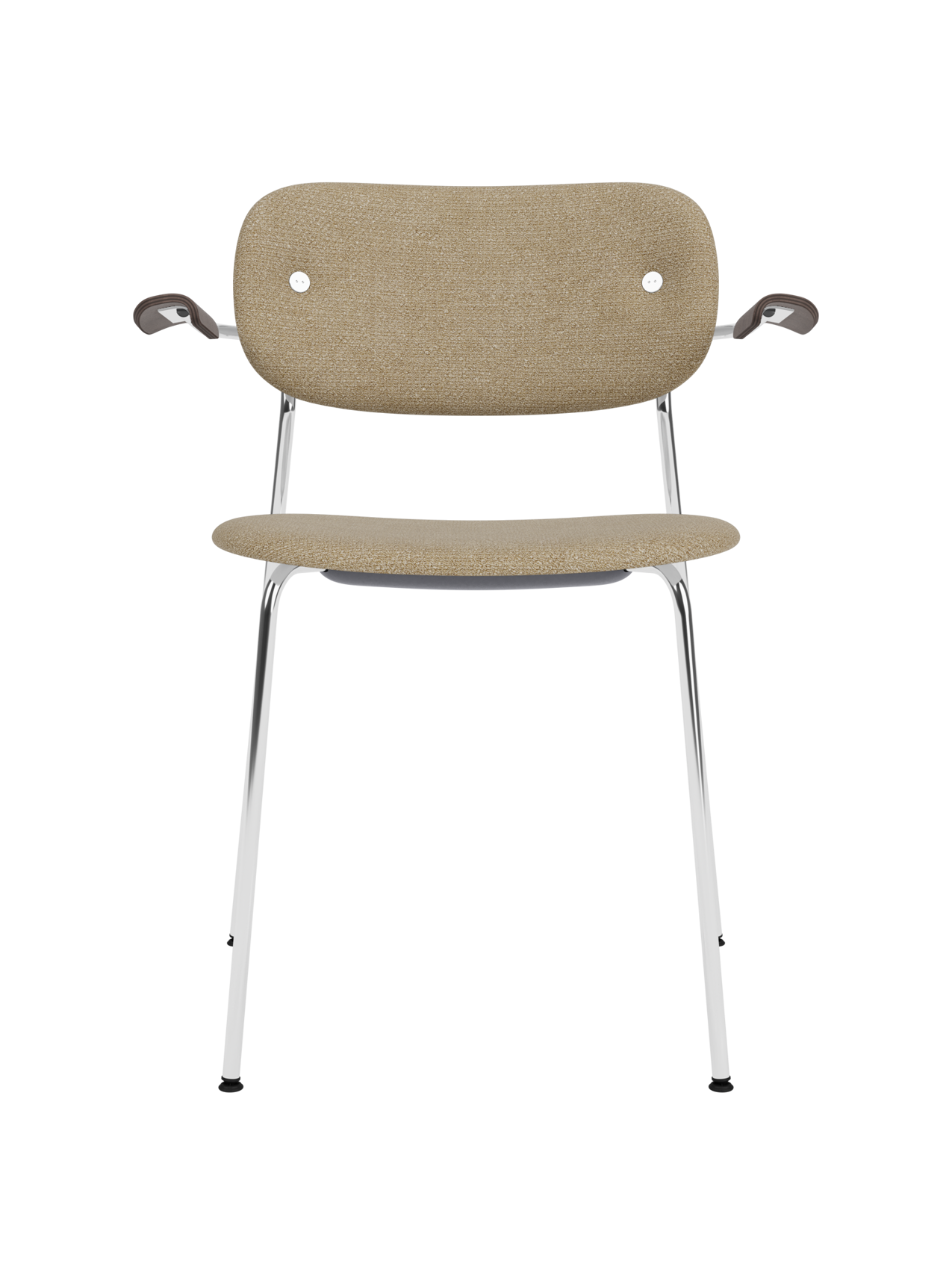 Co Dining Chair in beige Audo Bouclé 02 upholstery with dark stained oak armrests and a sleek chrome frame.