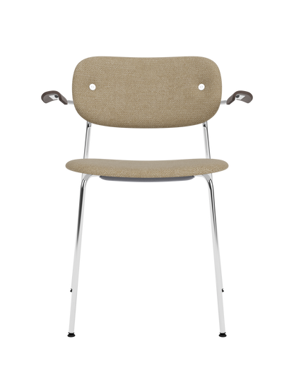 Co Dining Chair in beige Audo Bouclé 02 upholstery with dark stained oak armrests and a sleek chrome frame.