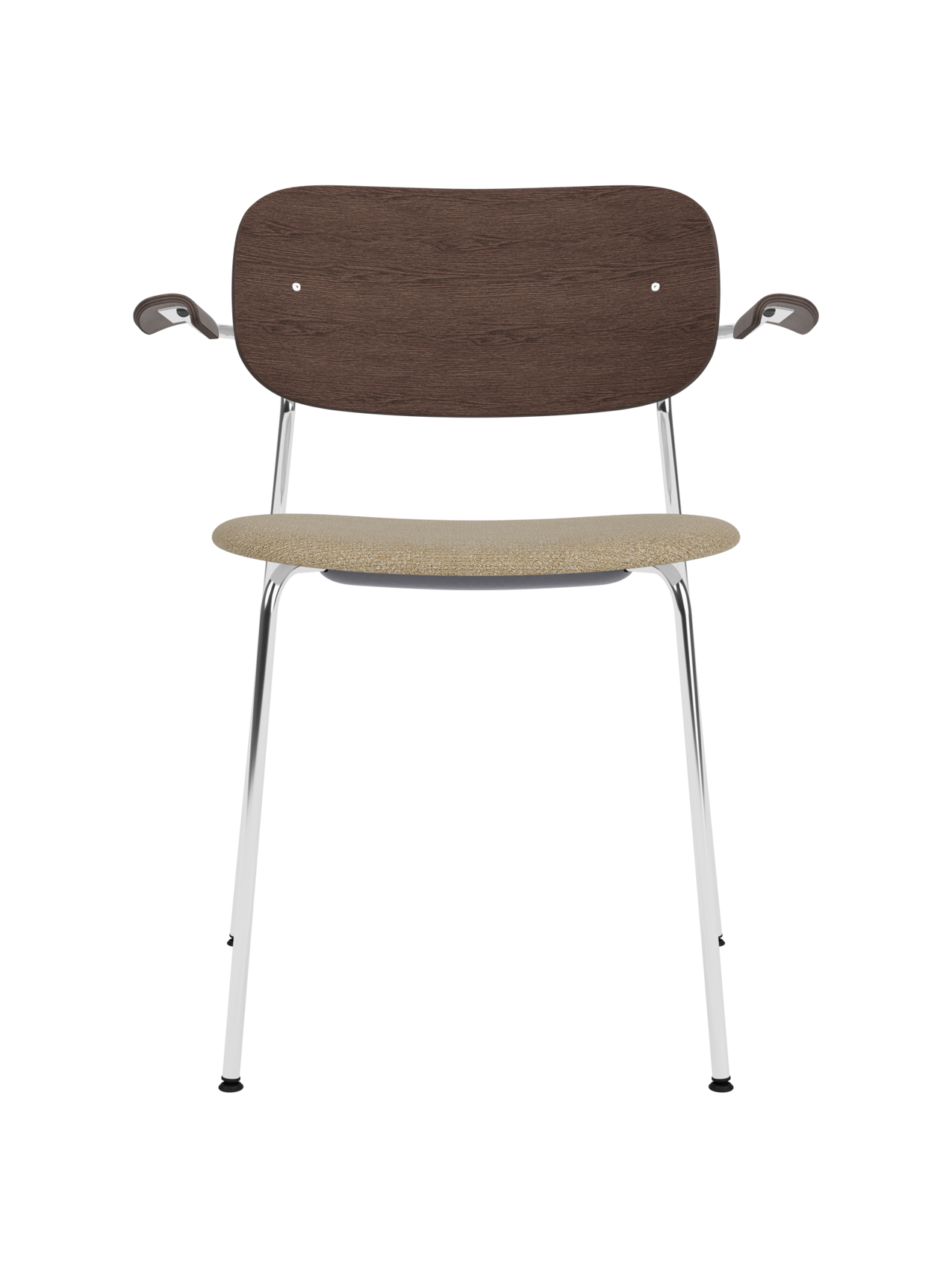 Co Dining Chair with a chrome frame, dark stained oak back and armrests, and a textured beige bouclé upholstered seat.