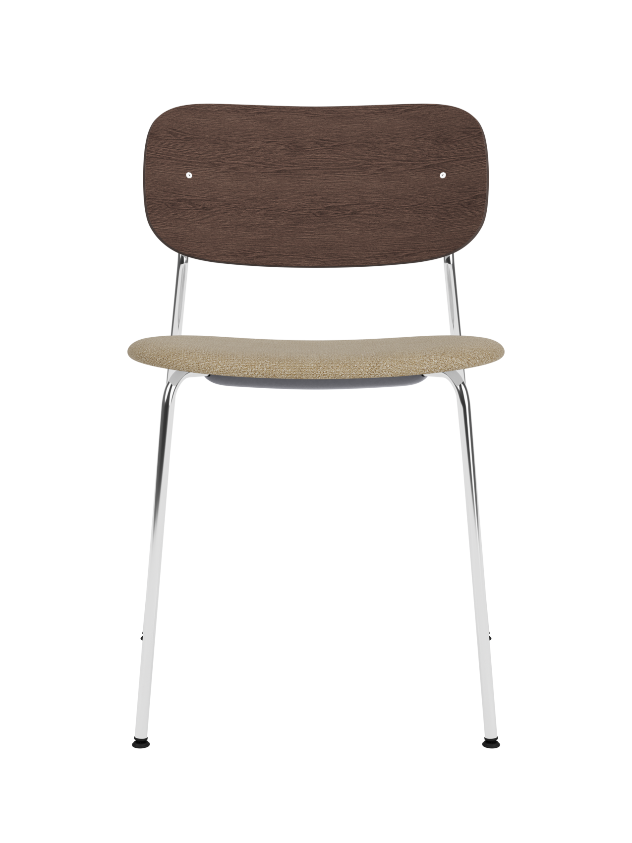 Co Dining Chair with a sleek chrome frame, dark stained oak backrest and beige bouclé upholstered seat.