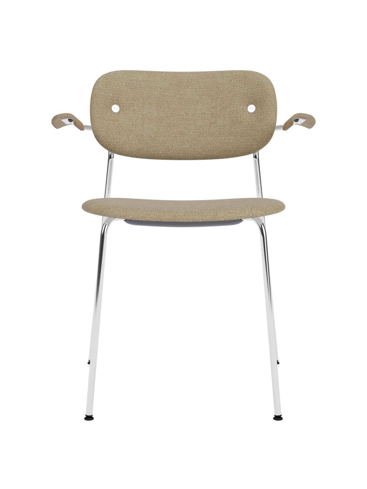 Fully upholstered Co Dining Chair with armrests, chrome frame, Natural Oak details and beige bouclé fabric.