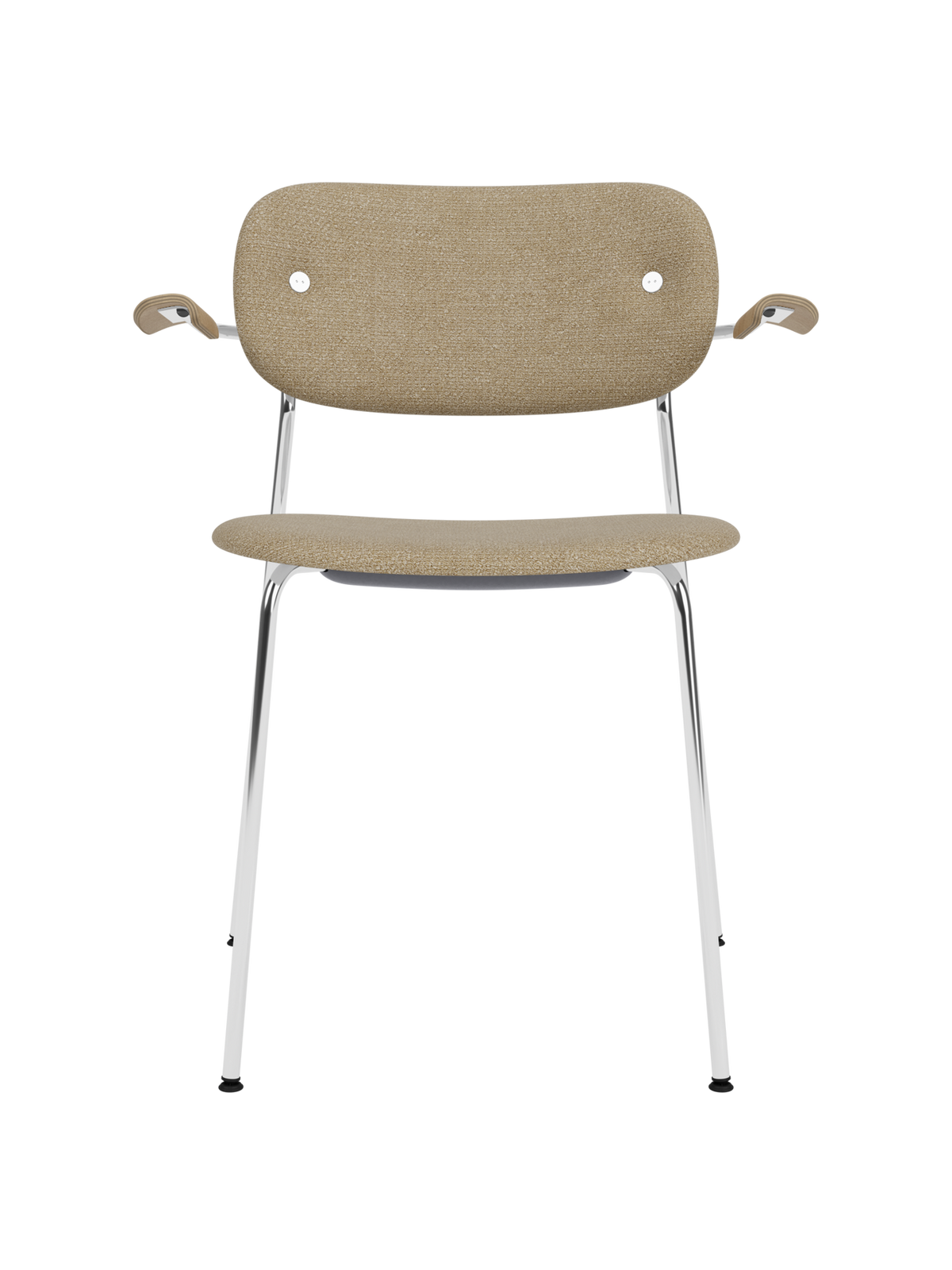 Fully upholstered Co Dining Chair with armrests, chrome frame, Natural Oak details and beige bouclé fabric.