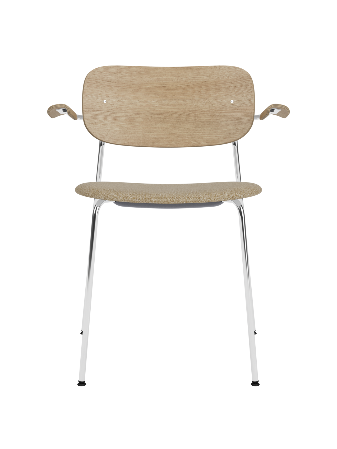 Co Dining Chair featuring a chrome frame, natural oak backrest and beige bouclé upholstered seat with armrests.
