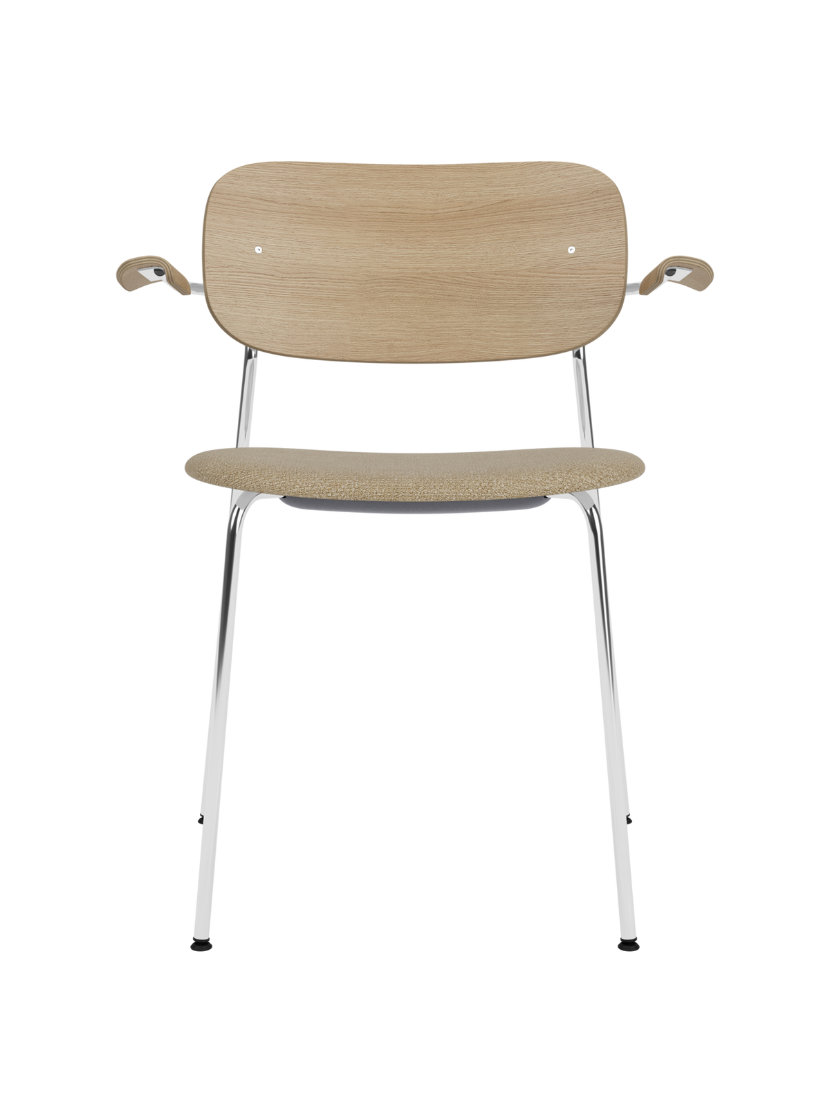 Co Dining Chair featuring a chrome frame, natural oak backrest and beige bouclé upholstered seat with armrests.
