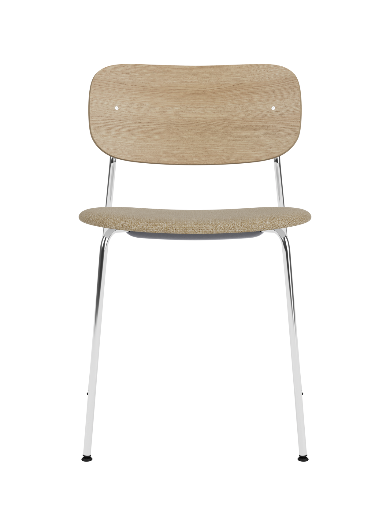 Co Dining Chair with a natural oak back, beige Audo Bouclé 02 upholstered seat and slim chrome frame.