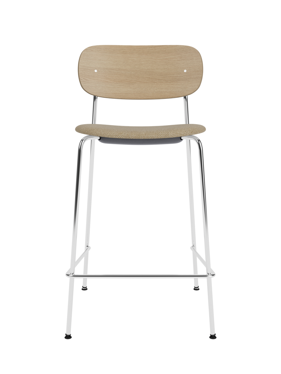 Co Counter Chair in natural oak with a chrome frame and bouclé upholstered seat.