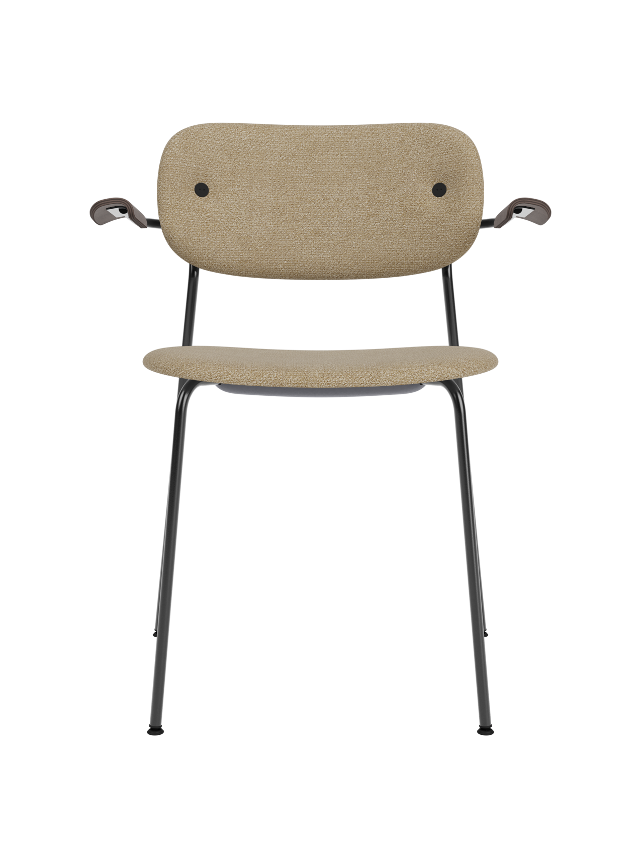 Fully upholstered Co Dining Chair with armrests, featuring beige bouclé fabric and dark stained oak on a black frame.