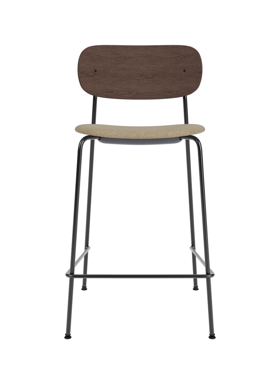 Co Counter Chair in dark stained oak and black steel with an upholstered seat in bouclé fabric against a black background.