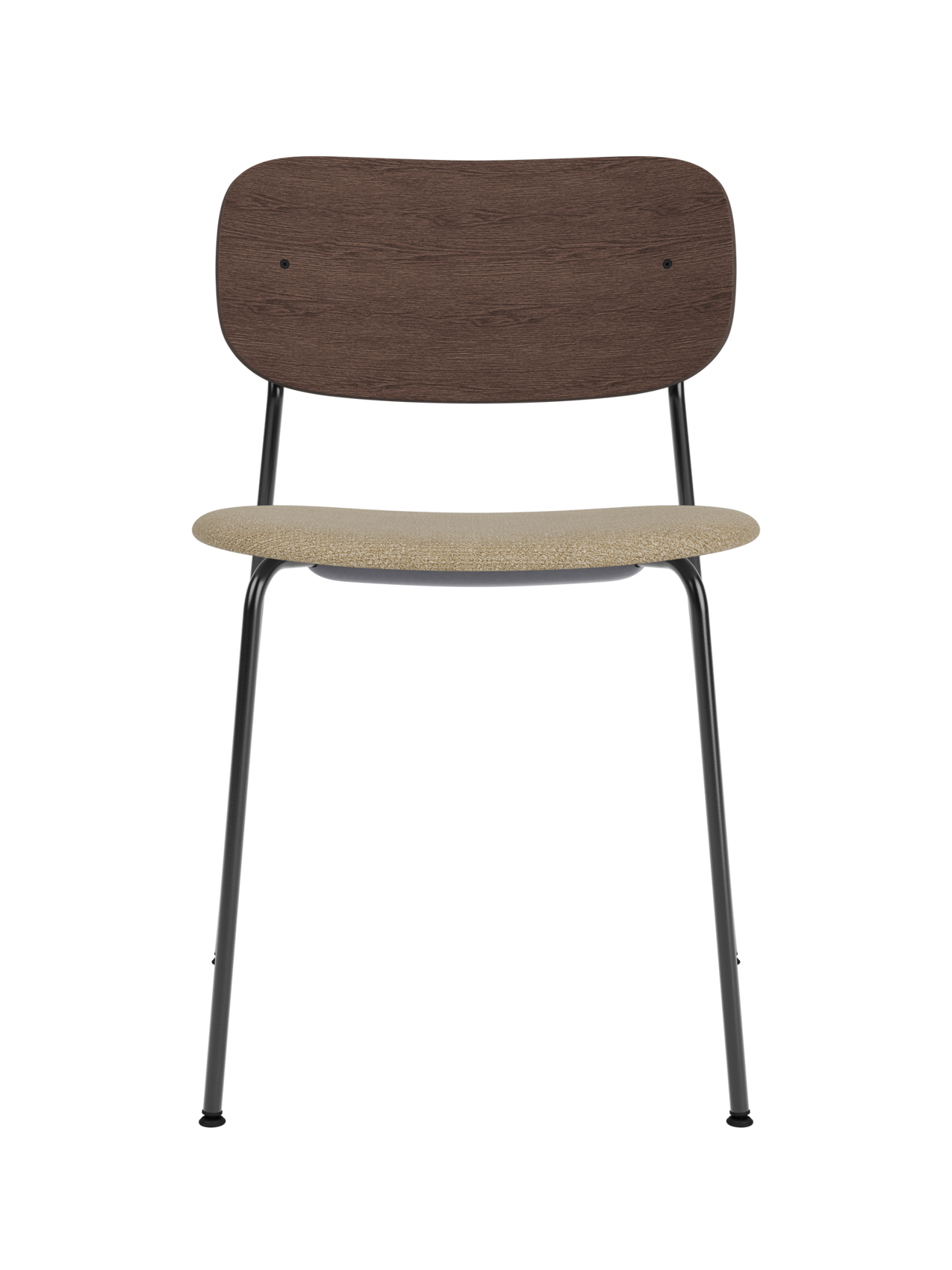 Co Dining Chair featuring a black steel frame, dark stained oak backrest and beige Bouclé 02 upholstered seat.