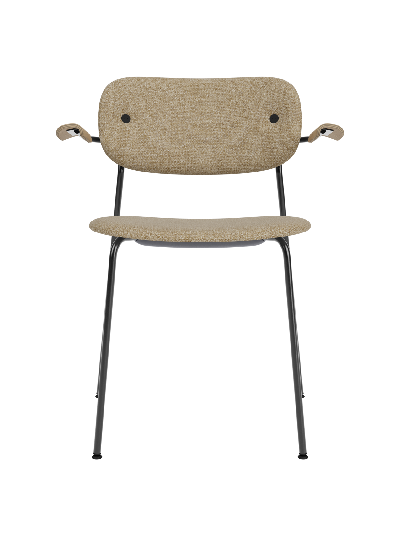 Co Dining Chair with beige bouclé upholstery, natural oak armrests and a black powder-coated steel frame.