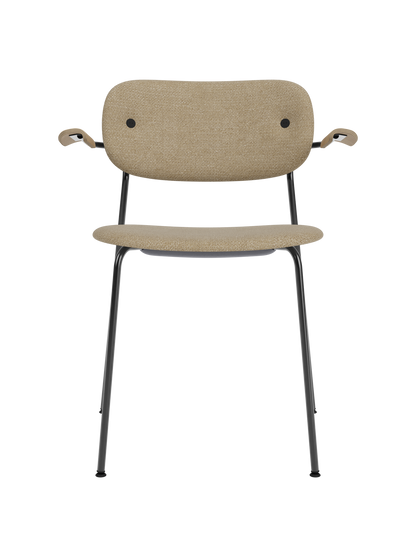 Co Dining Chair with beige bouclé upholstery, natural oak armrests and a black powder-coated steel frame.