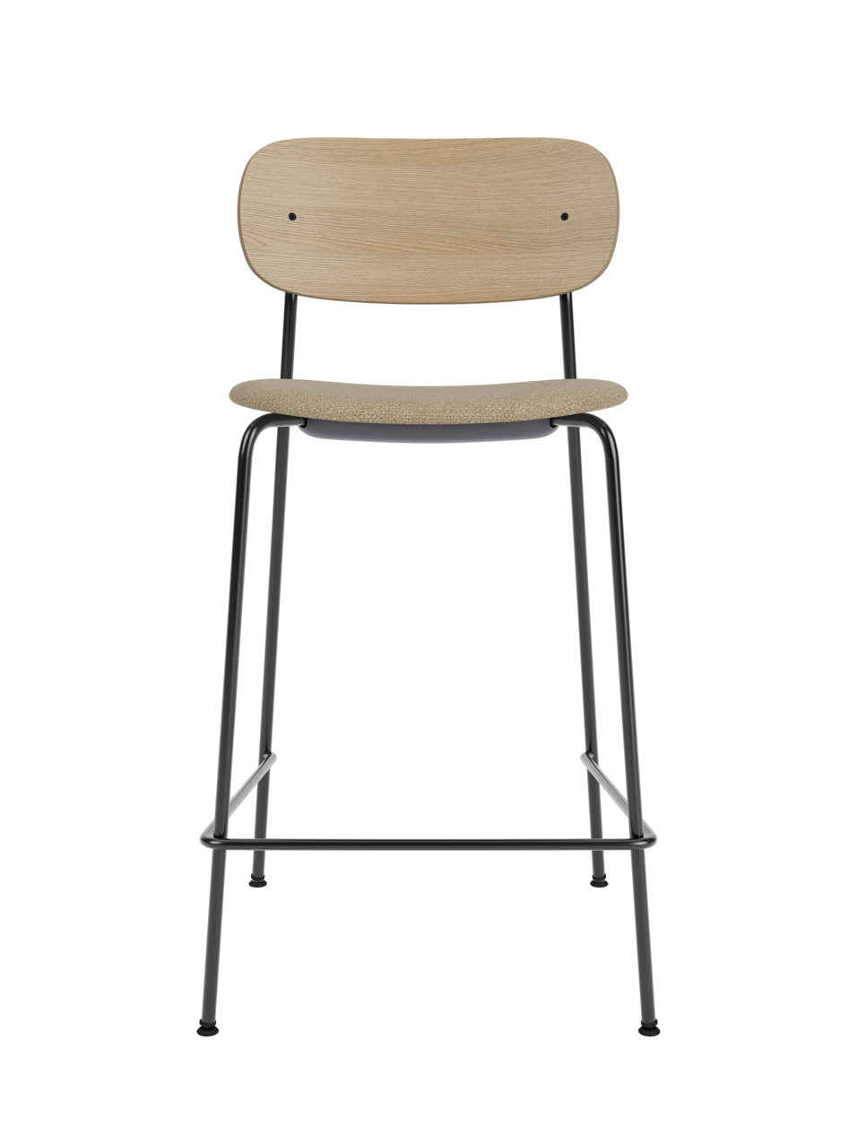 Co Counter Chair in natural oak and black steel featuring an upholstered seat in bouclé against a black background.
