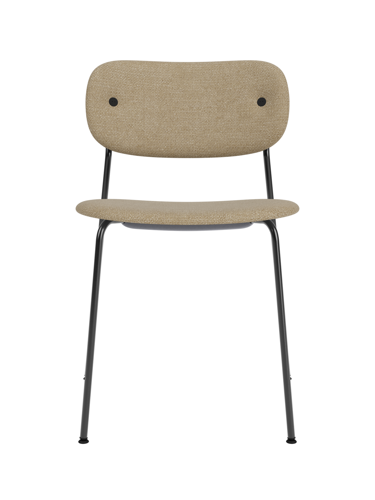 Fully upholstered Co Dining Chair in beige bouclé 02 fabric with a slim black powder-coated steel frame.