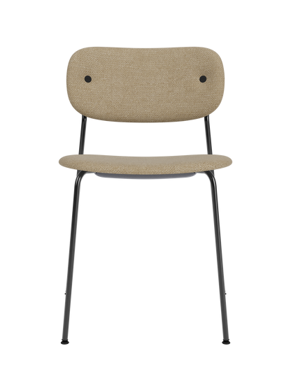 Fully upholstered Co Dining Chair in beige bouclé 02 fabric with a slim black powder-coated steel frame.