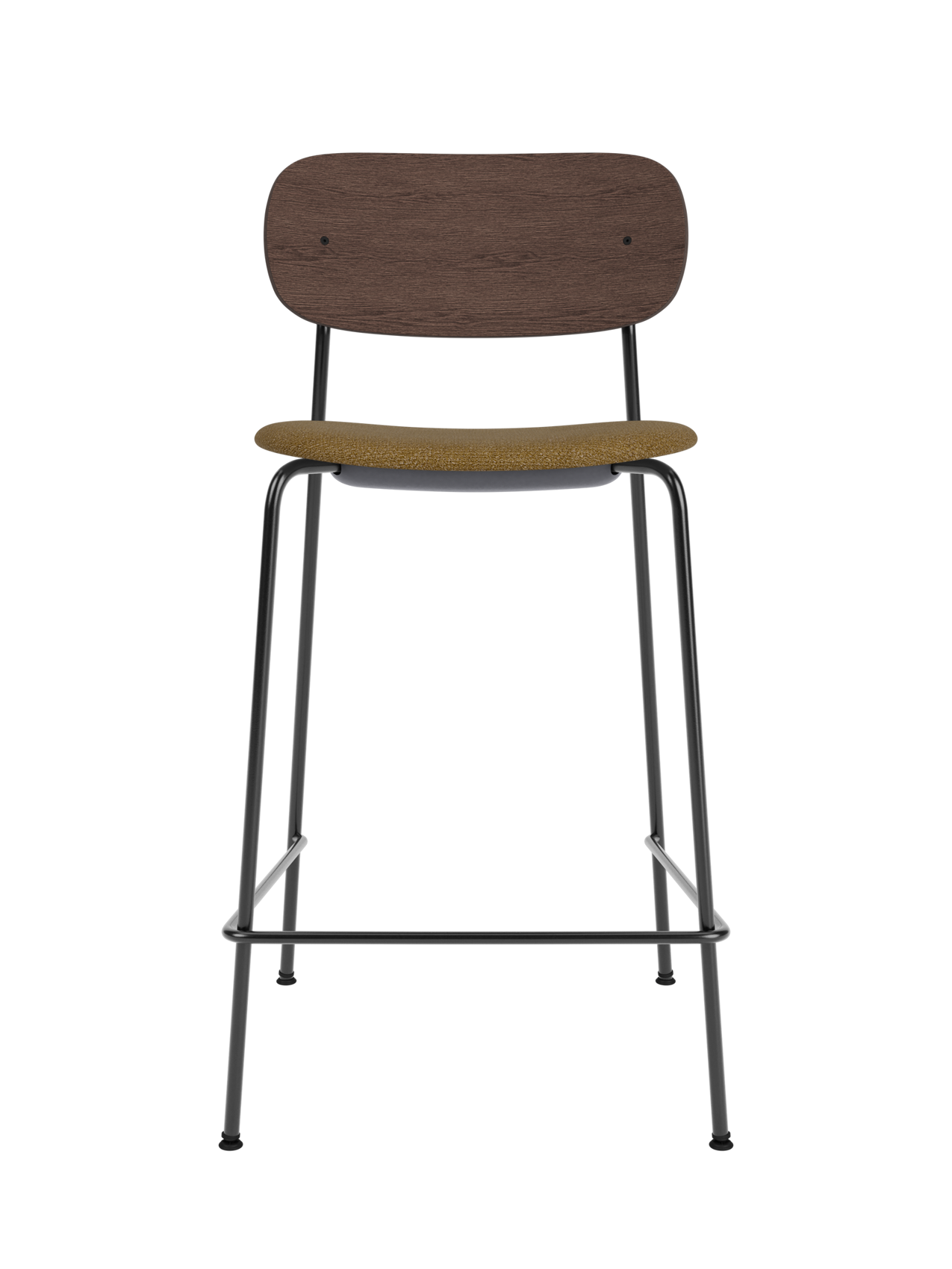 Co Counter Chair with a dark stained oak backrest and mustard bouclé upholstered seat on a slender black steel frame.