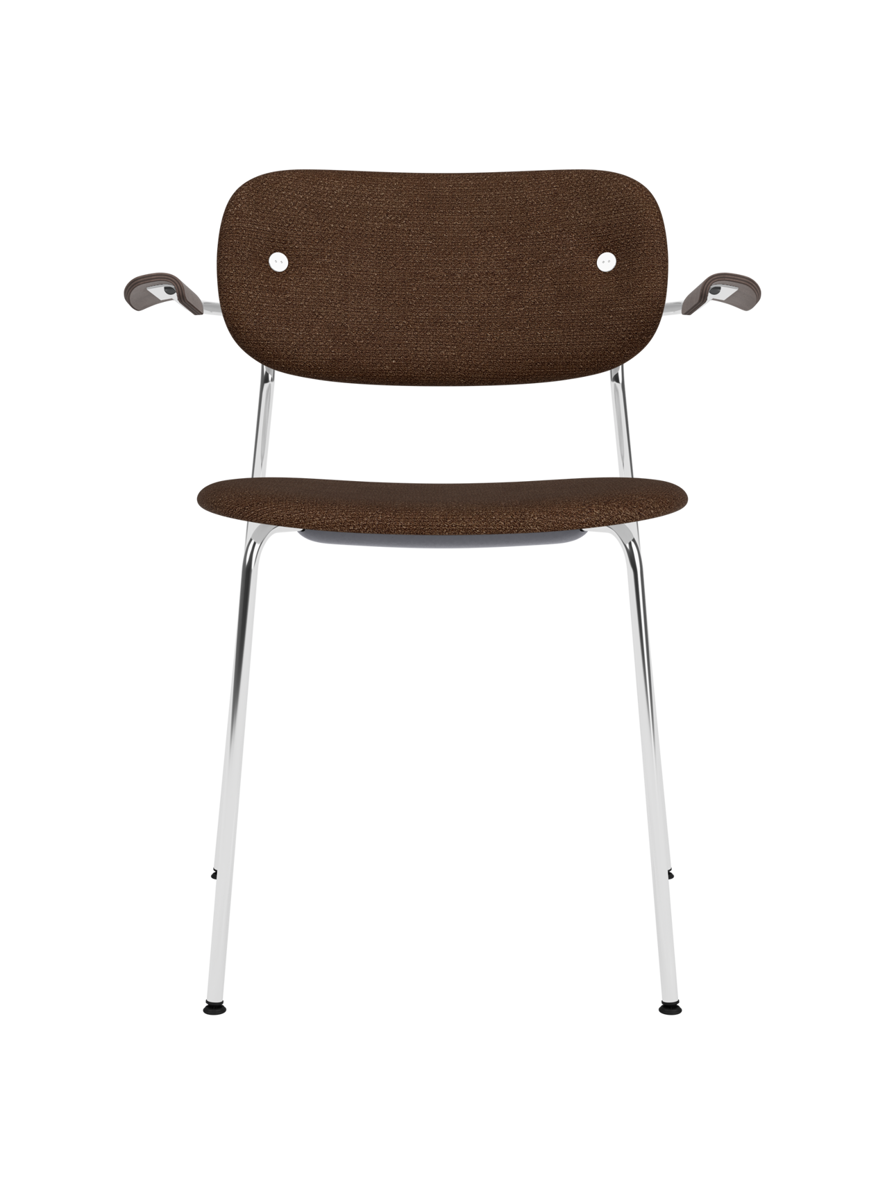 Co Dining Chair with chrome frame, dark stained oak armrests and brown Audo Bouclé 07 upholstery.