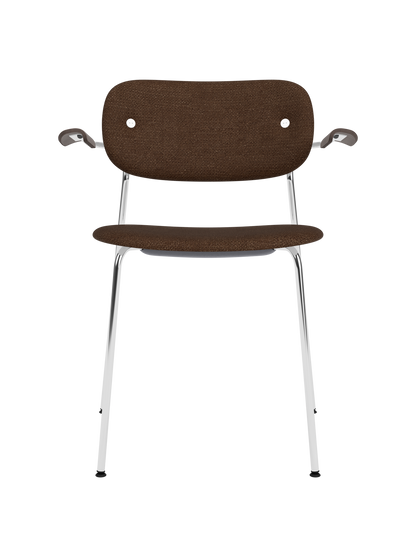 Co Dining Chair with chrome frame, dark stained oak armrests and brown Audo Bouclé 07 upholstery.