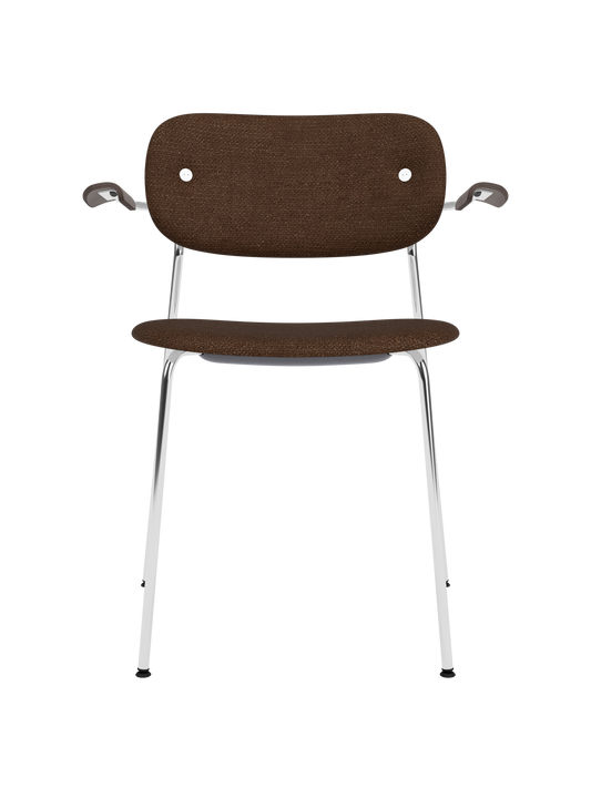 Co Dining Chair with chrome frame, dark stained oak armrests and brown Audo Bouclé 07 upholstery.