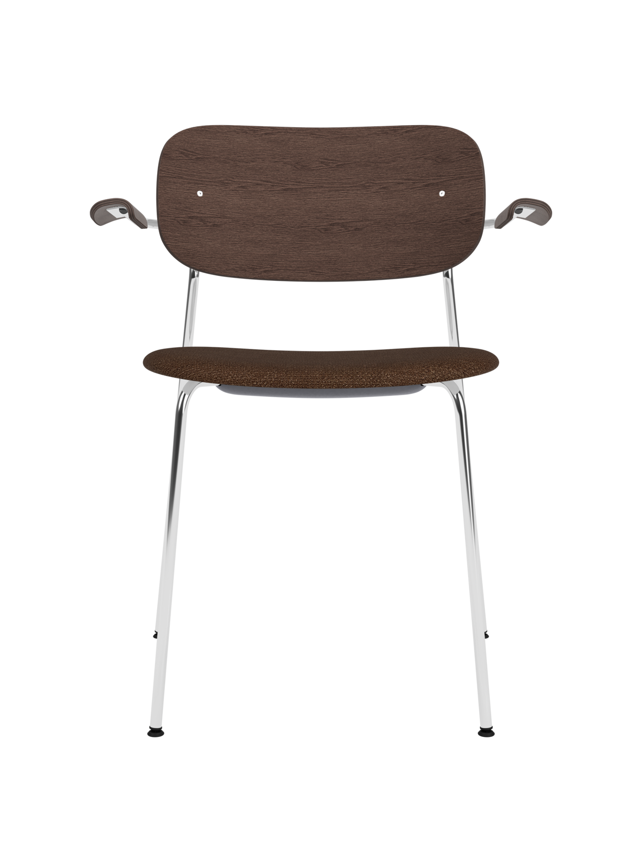 Chrome Co Dining Chair with armrests, a dark stained oak backrest and a dark brown bouclé upholstered seat.