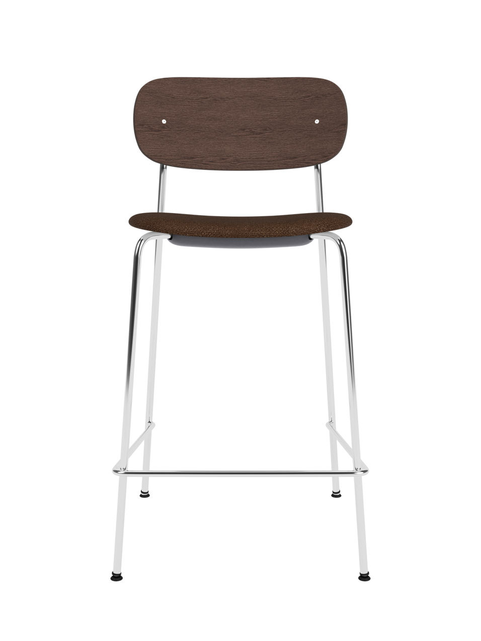 Co Counter Chair in dark stained oak with a black bouclé upholstered seat and chrome steel frame.