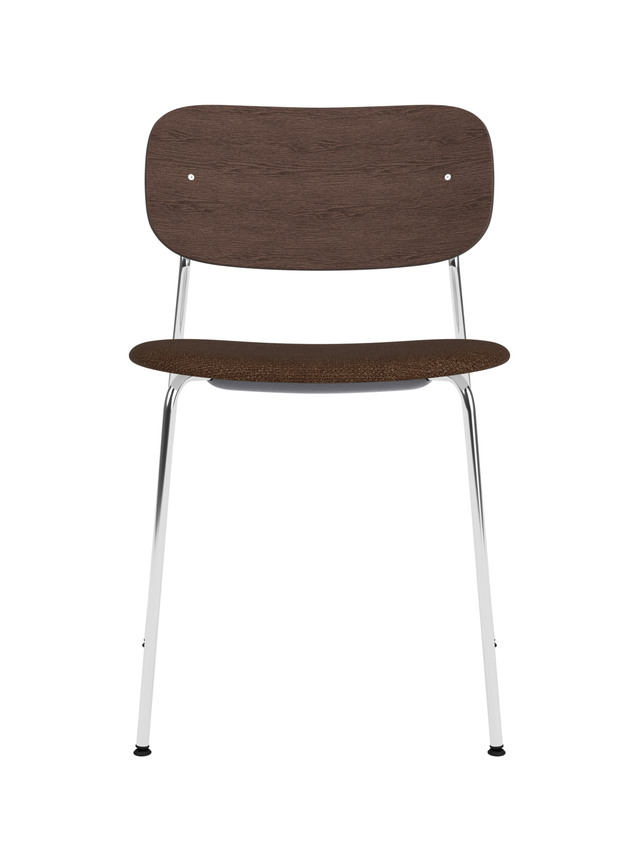 Co Dining Chair with chrome frame, dark stained oak backrest and dark bouclé upholstered seat on a white background.