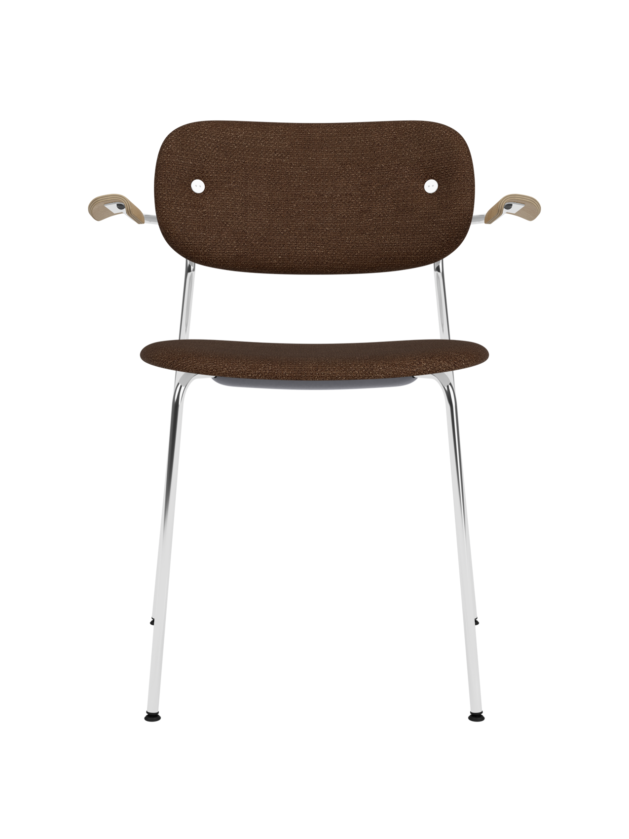 Fully upholstered Co Dining Chair in brown Audo Bouclé with natural oak armrests and a slim chrome frame.