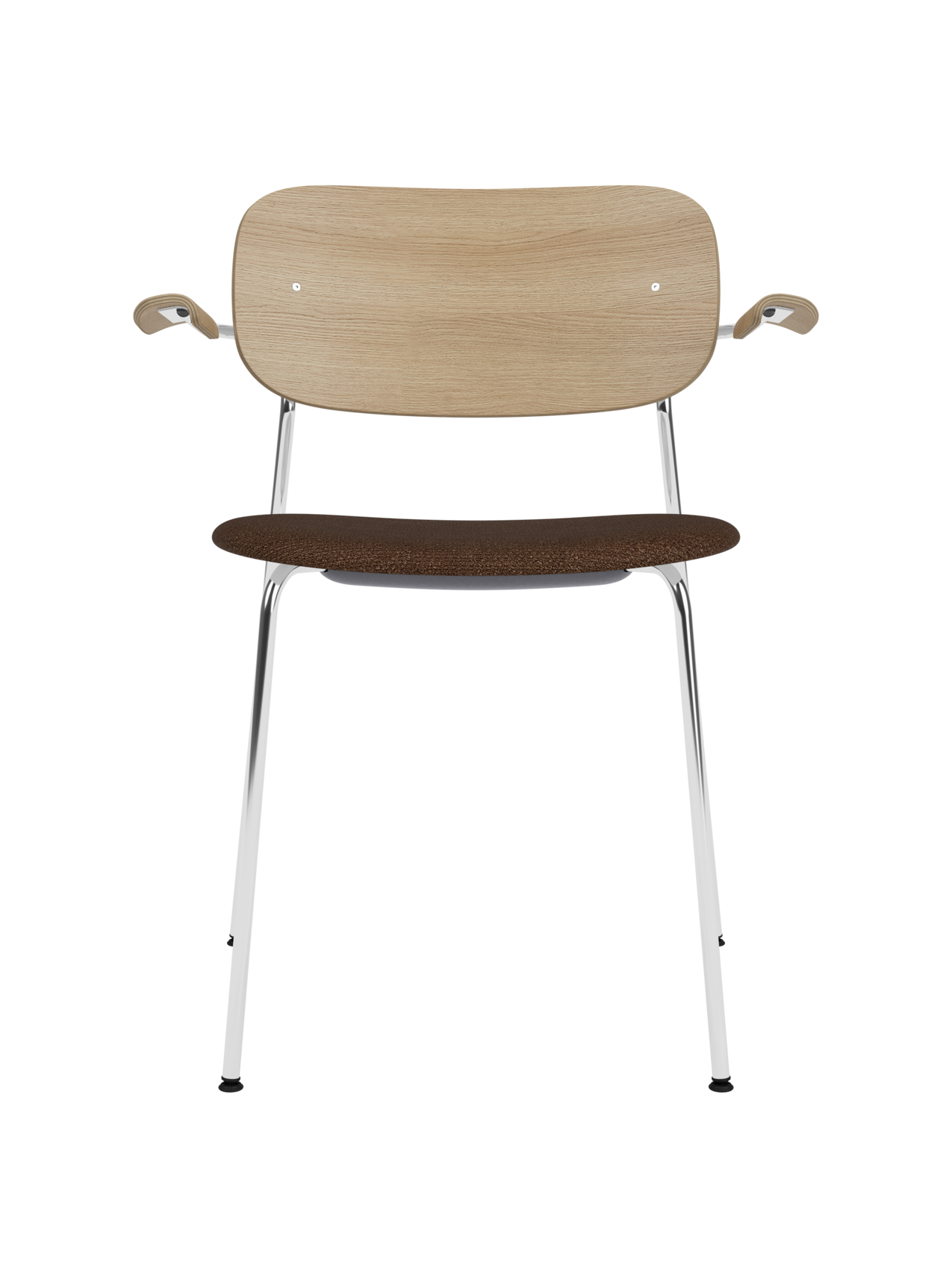 Co Dining Chair with chrome armrests, a natural oak backrest and a dark bouclé upholstered seat.
