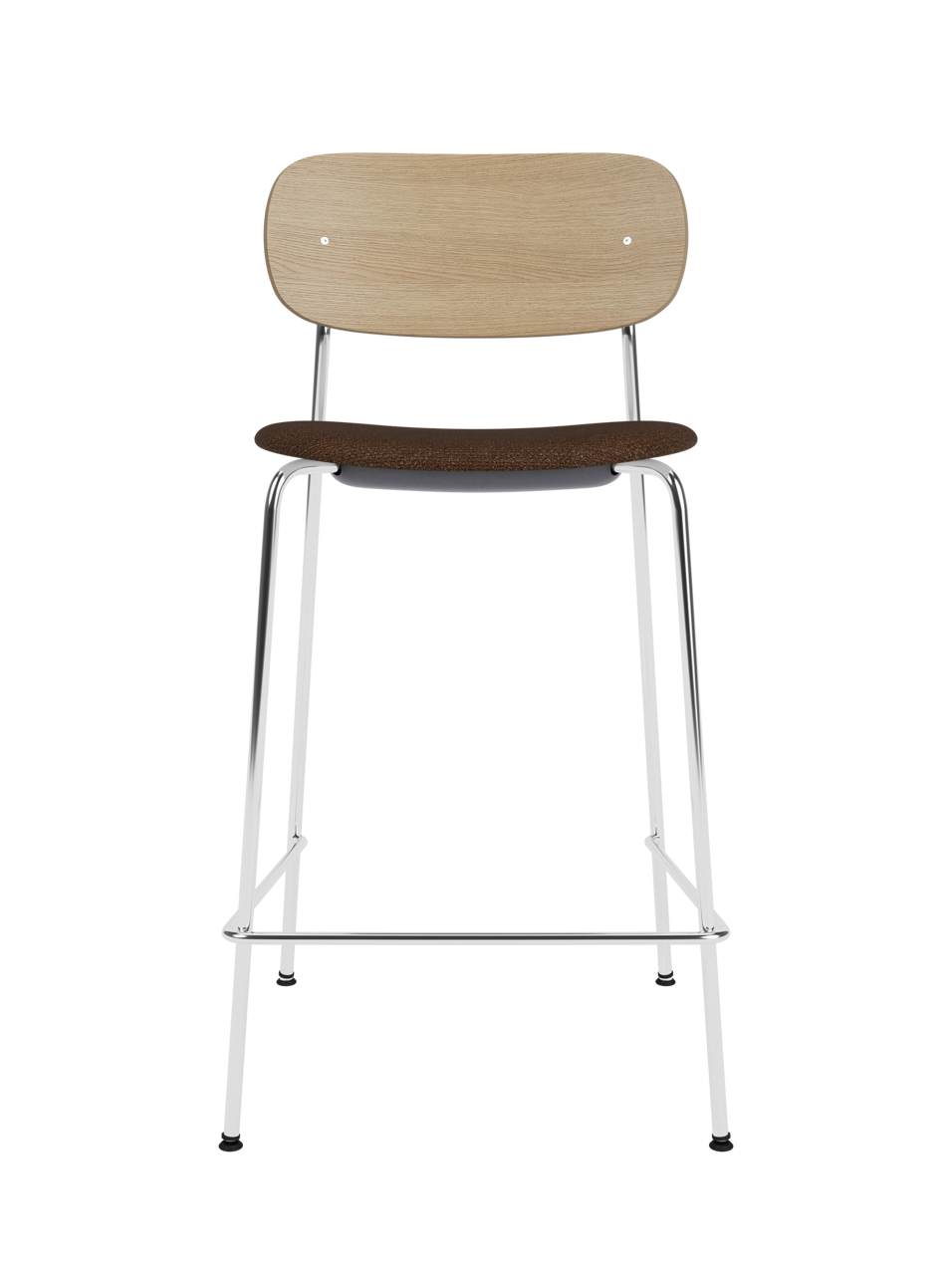 Co Counter Chair with a natural oak wood back, brown bouclé upholstered seat, and a chrome steel frame.