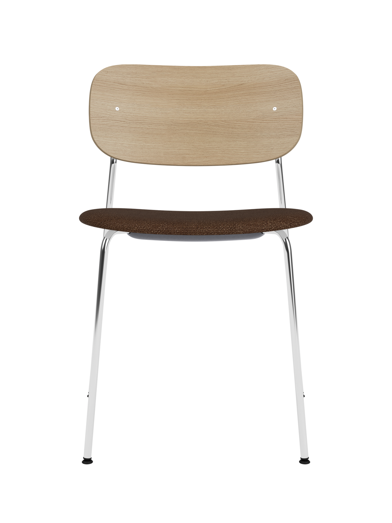 Co Dining Chair featuring a natural oak back, slim chrome frame and a dark bouclé upholstered seat.