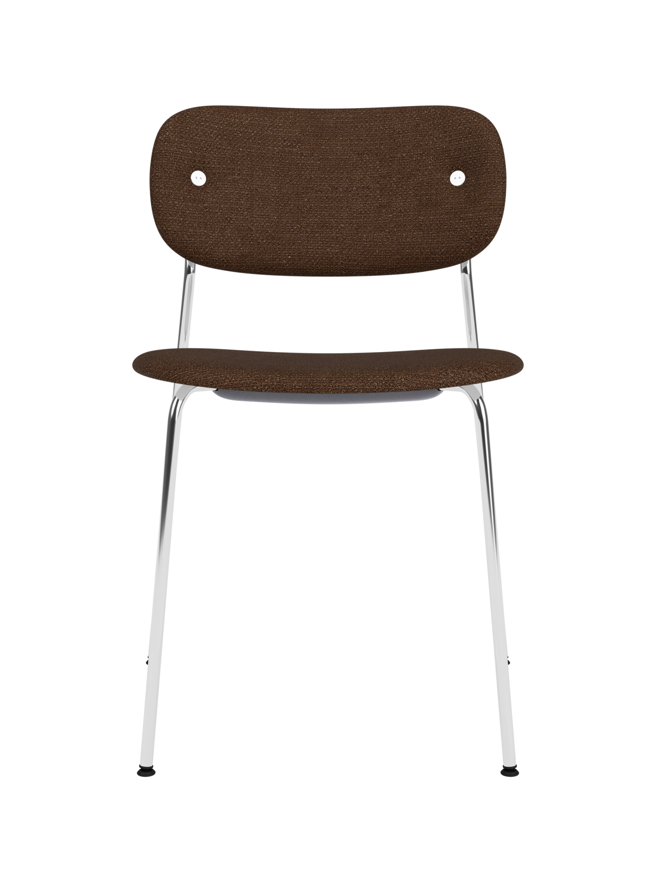 Fully upholstered Co Dining Chair in dark Audo Bouclé 07 fabric with a minimalist chrome frame.