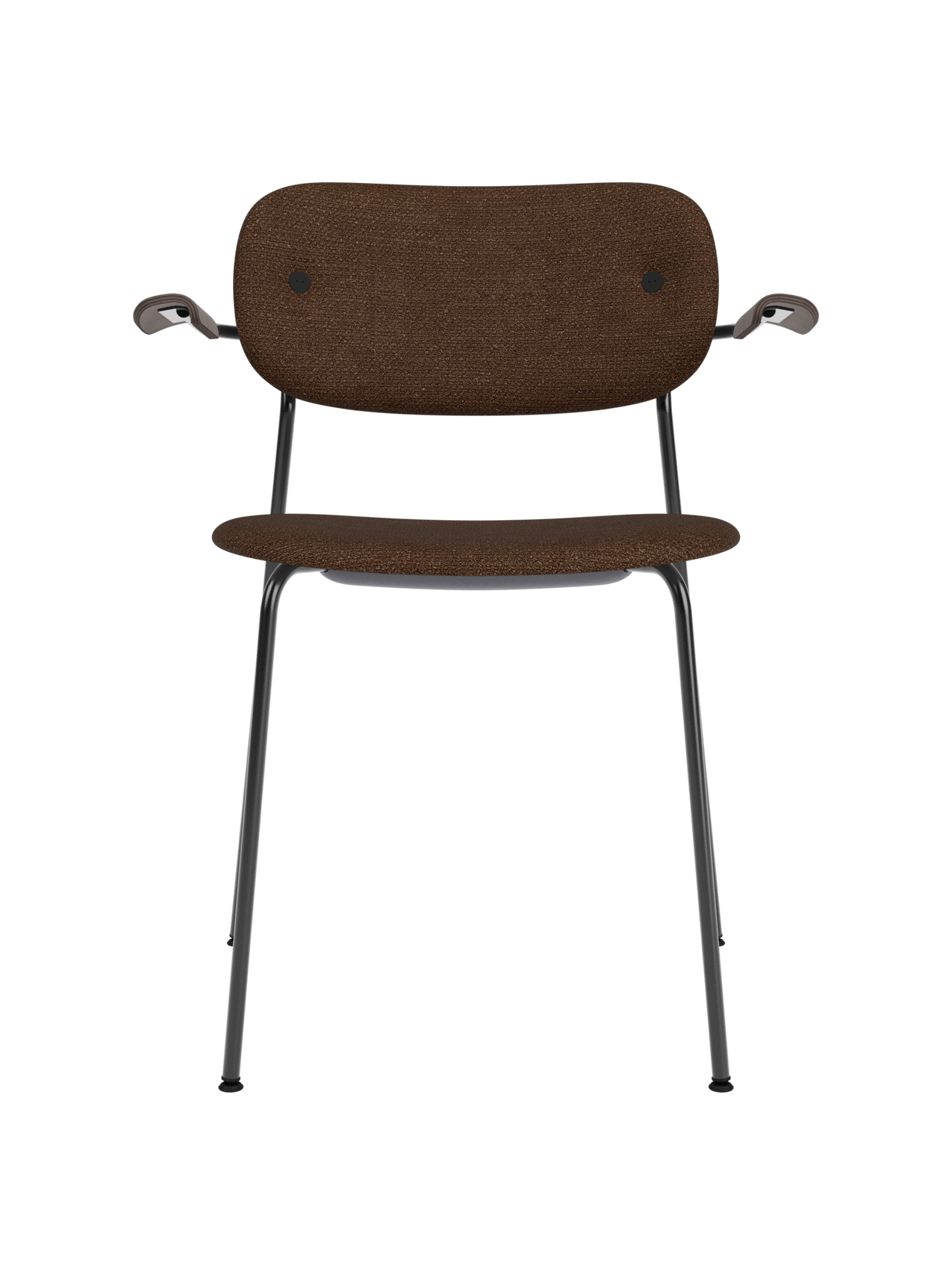 Co Dining Chair with armrests, upholstered in dark Audo Bouclé 07 with dark stained oak details and black frame.