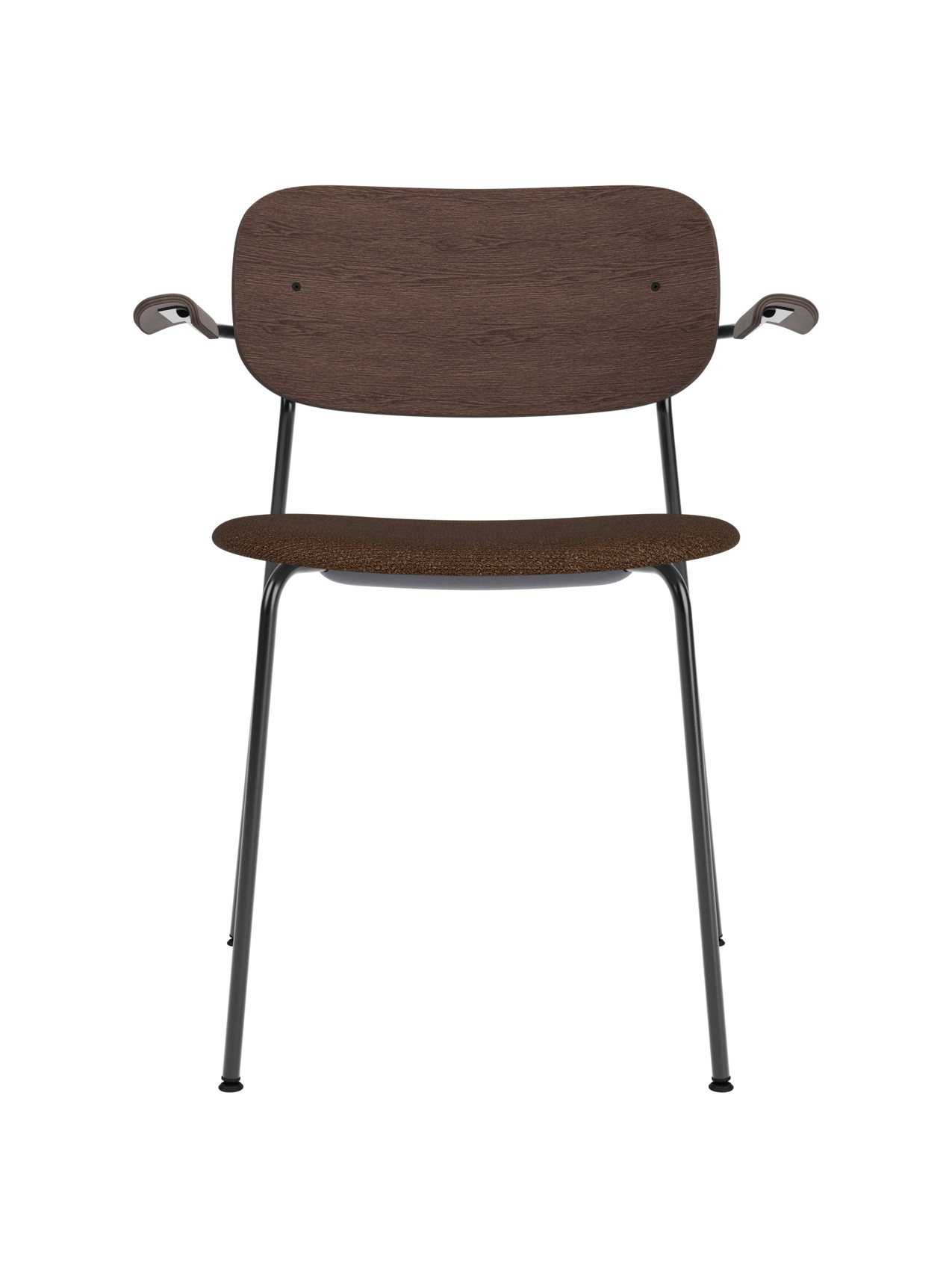 Co Dining Chair with armrests, featuring a dark stained oak back and brown bouclé upholstered seat on a black steel frame.