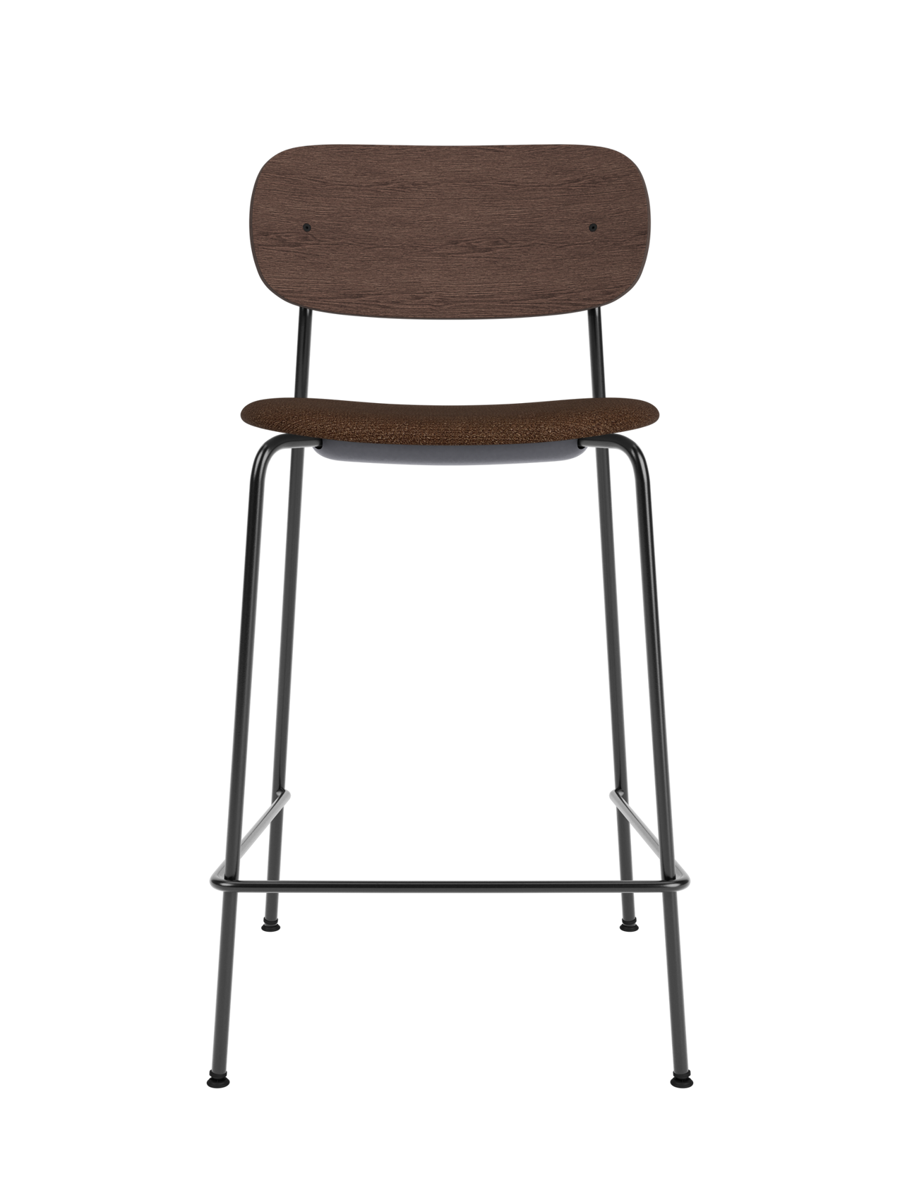 Co Counter Chair with dark stained oak back and brown bouclé upholstered seat on a slender black metal frame.