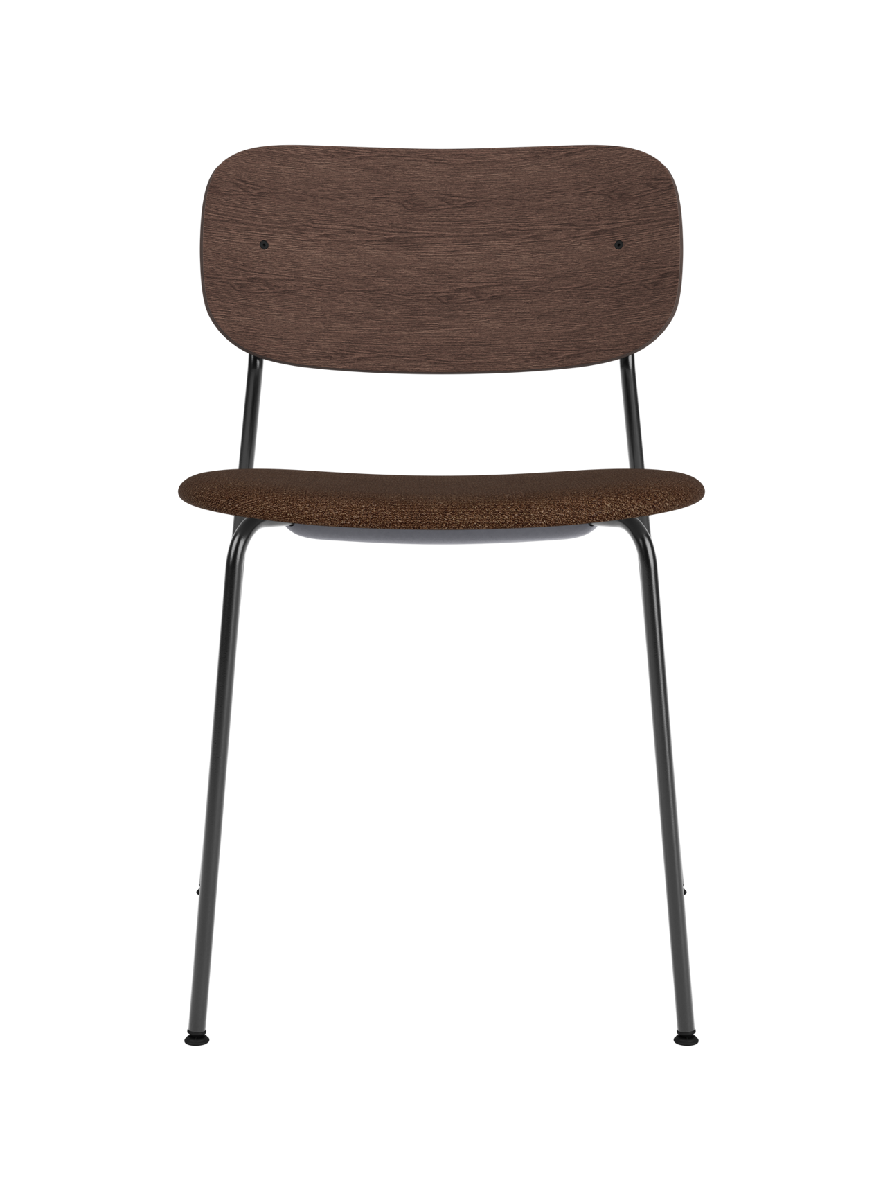 Co Dining Chair featuring a black steel frame, curved dark stained oak backrest and brown bouclé upholstered seat.