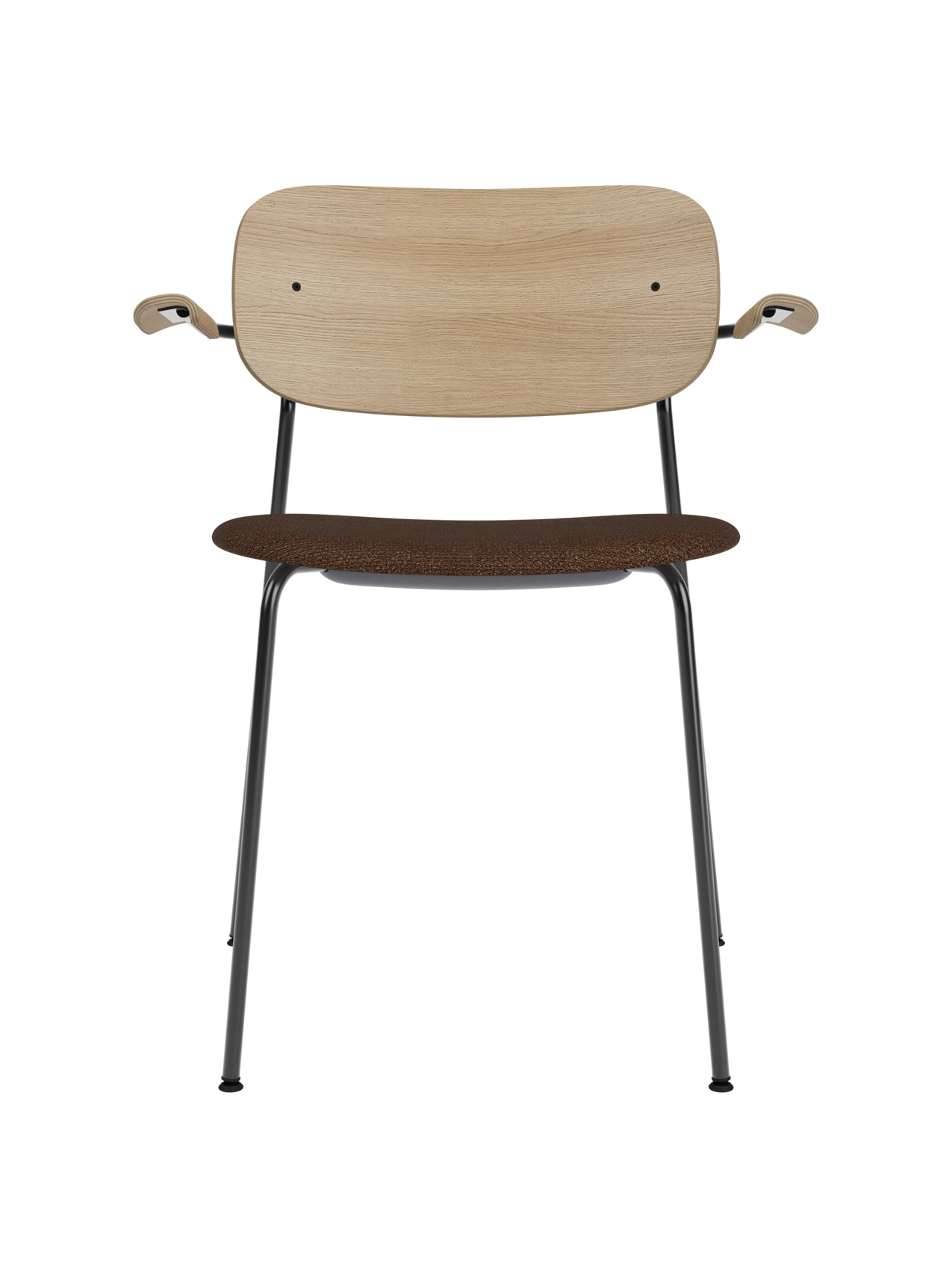 Co Dining Chair with natural oak back and brown bouclé upholstered seat on a black steel frame with armrests.