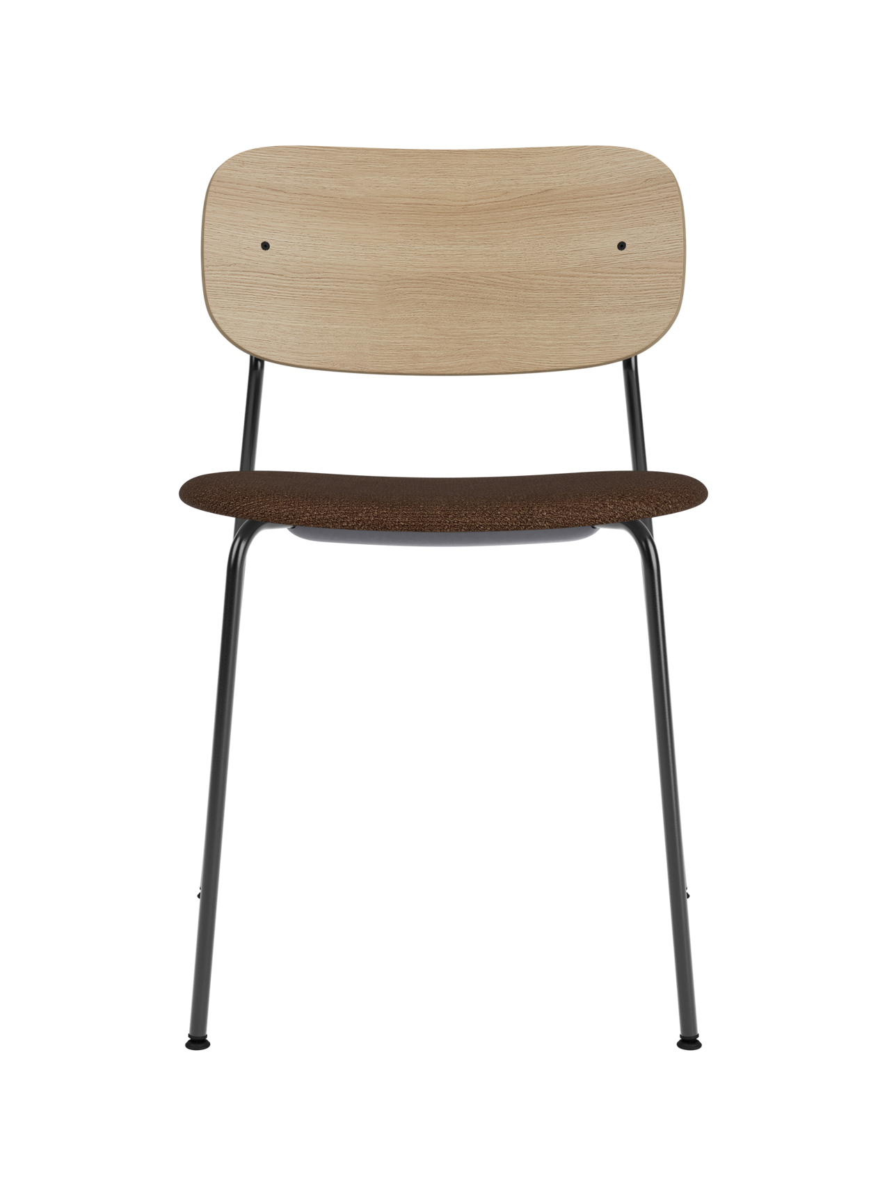 Co Dining Chair featuring a black steel frame, a natural oak backrest, and a brown bouclé upholstered seat.