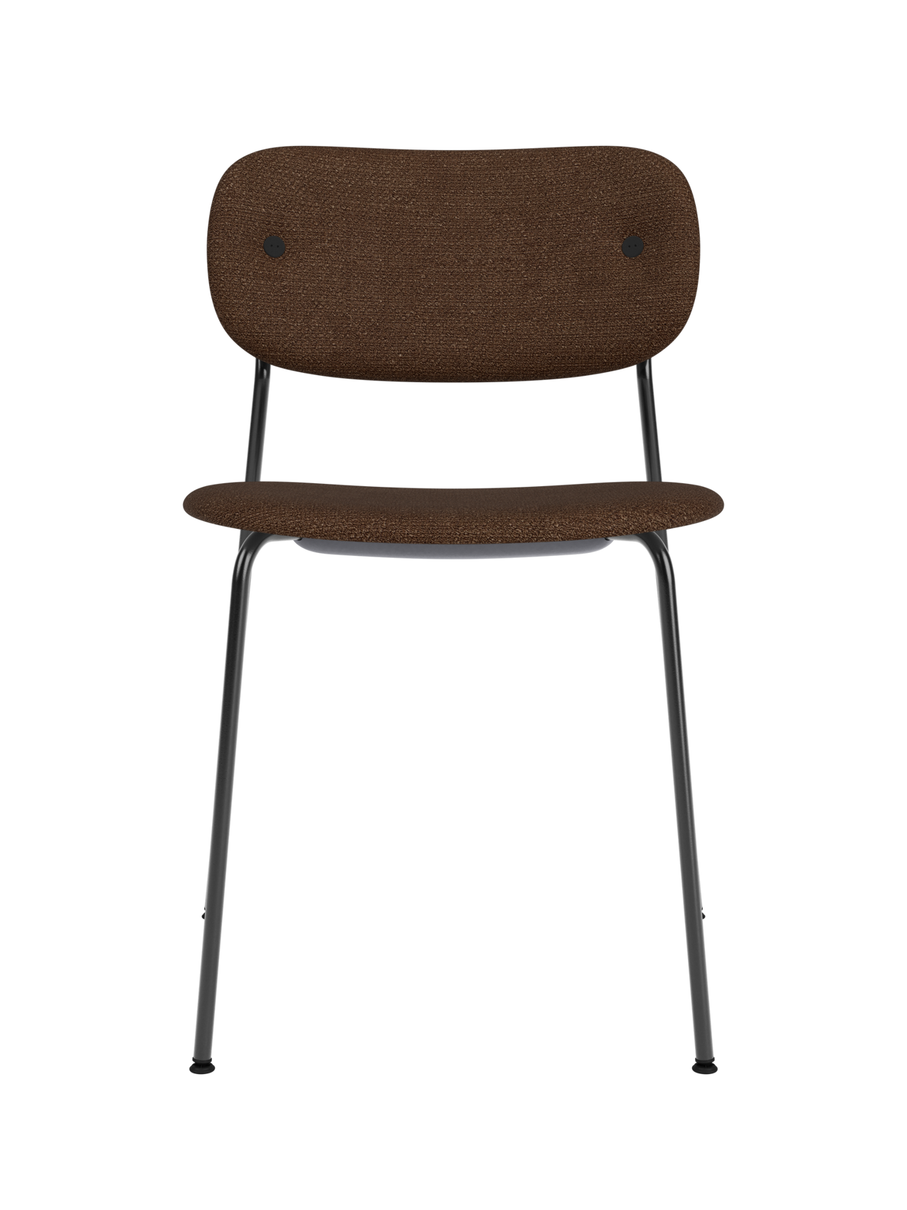 Fully upholstered Co Dining Chair in brown bouclé fabric with a slim black powder-coated steel frame.